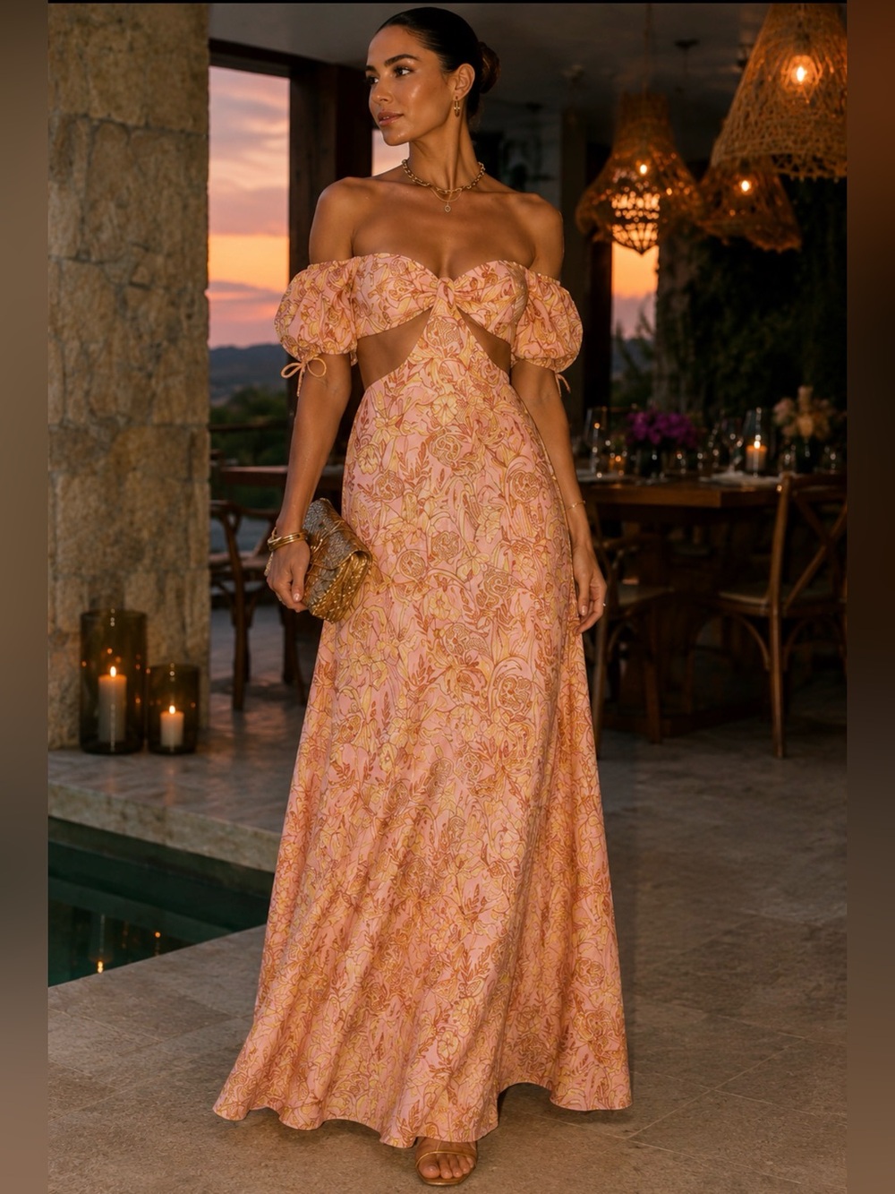 Agua by Agua Bendita Cielo Vuelo Atardecer Linen Cutout Maxi Dress Size M Puff